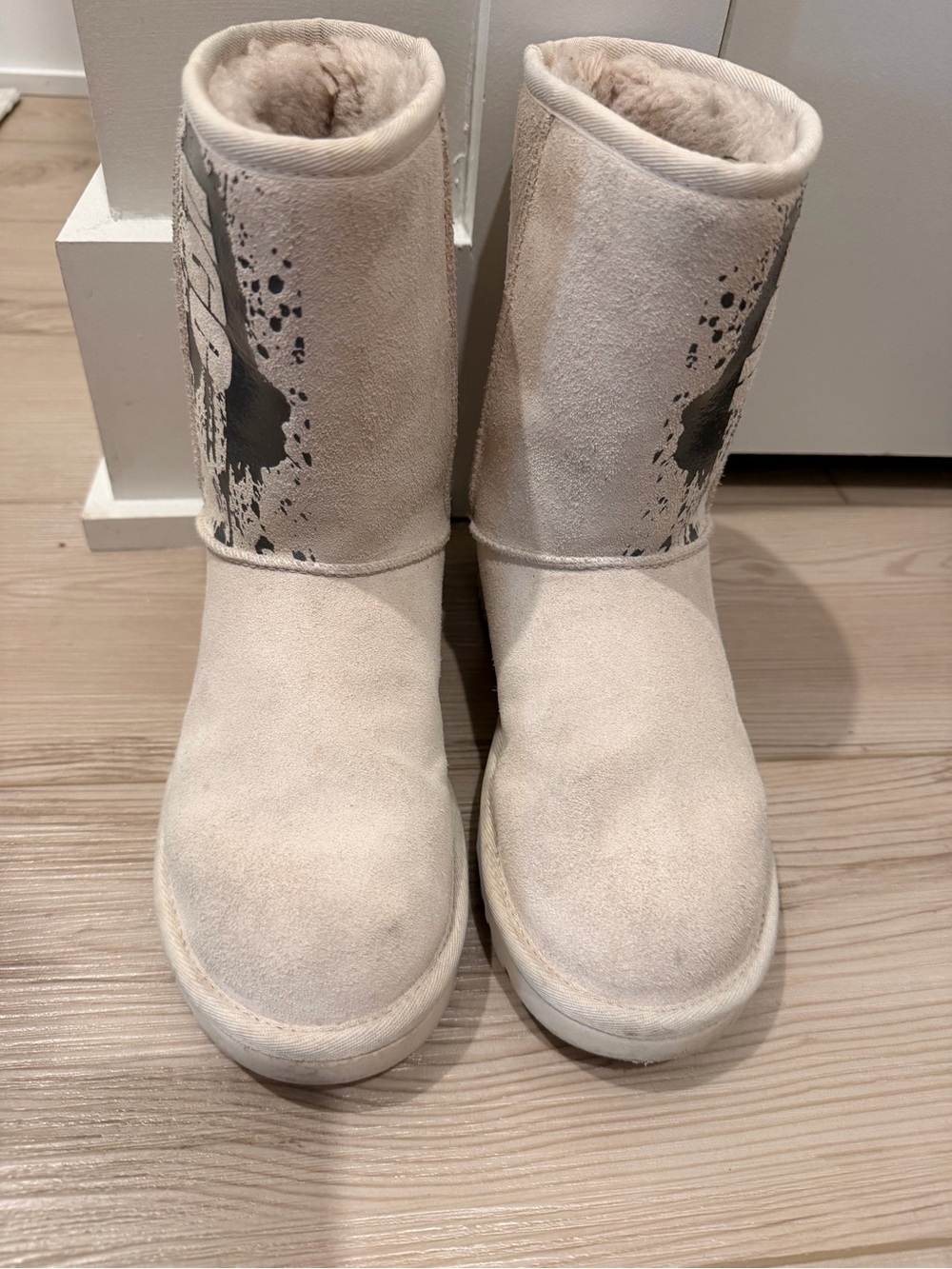 UGG Cream Suede Winter Boots with Black Paint-Splash Detail